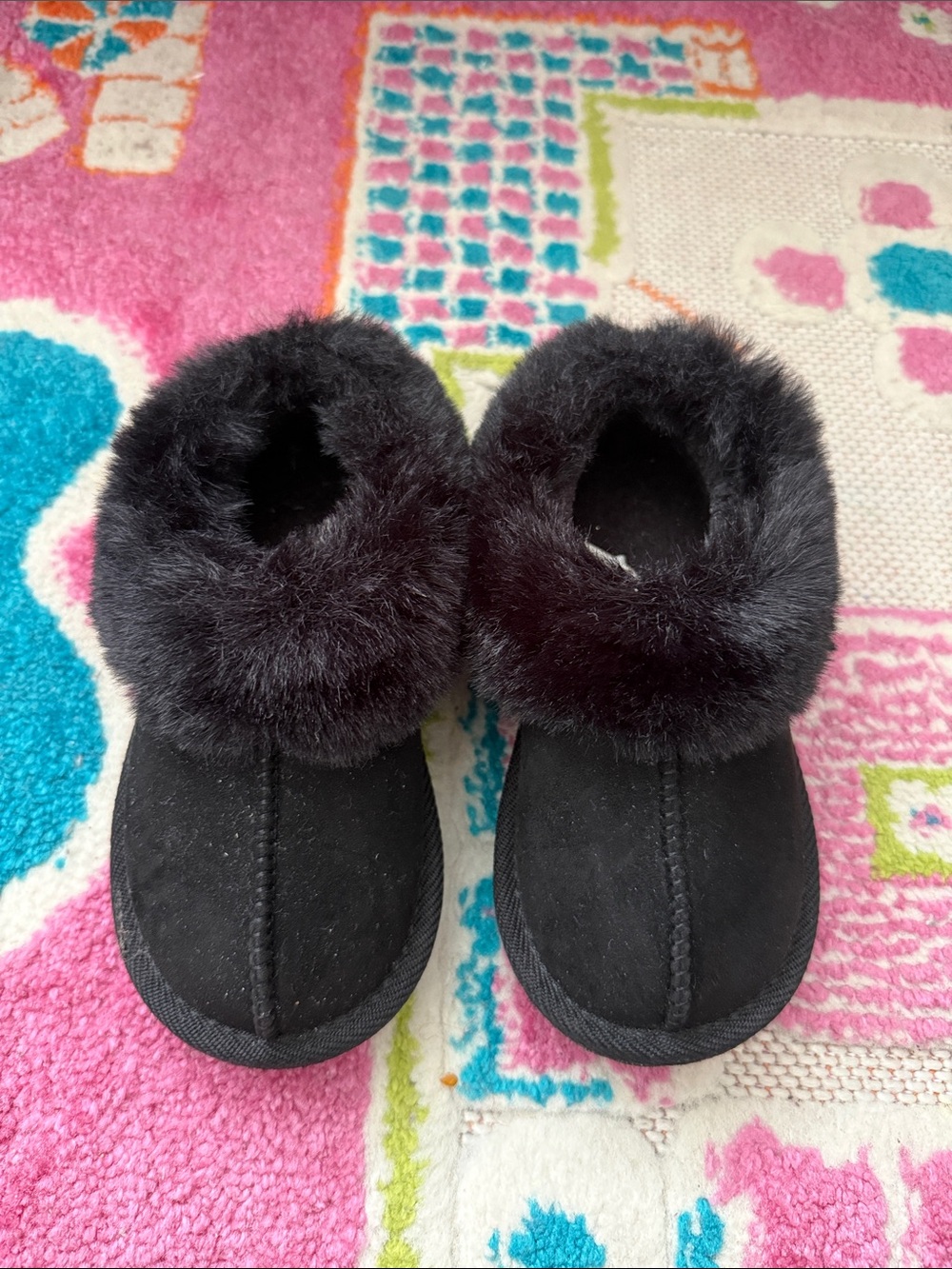 Kids Black Faux Fur Lined Slippers